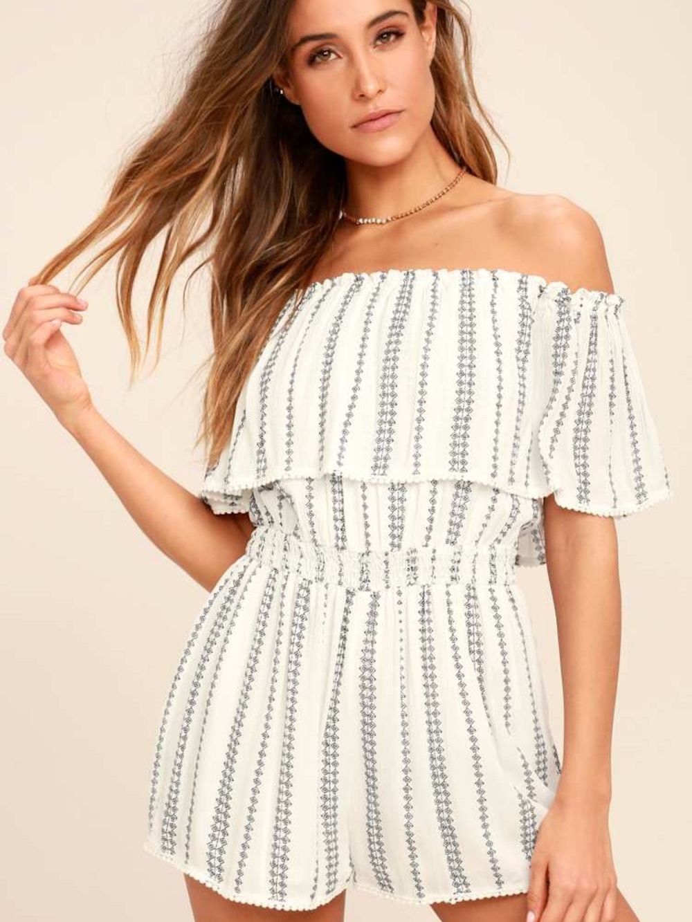 Lulu's See Ya There White Print Off-the-Shoulder Romper (Size Small)